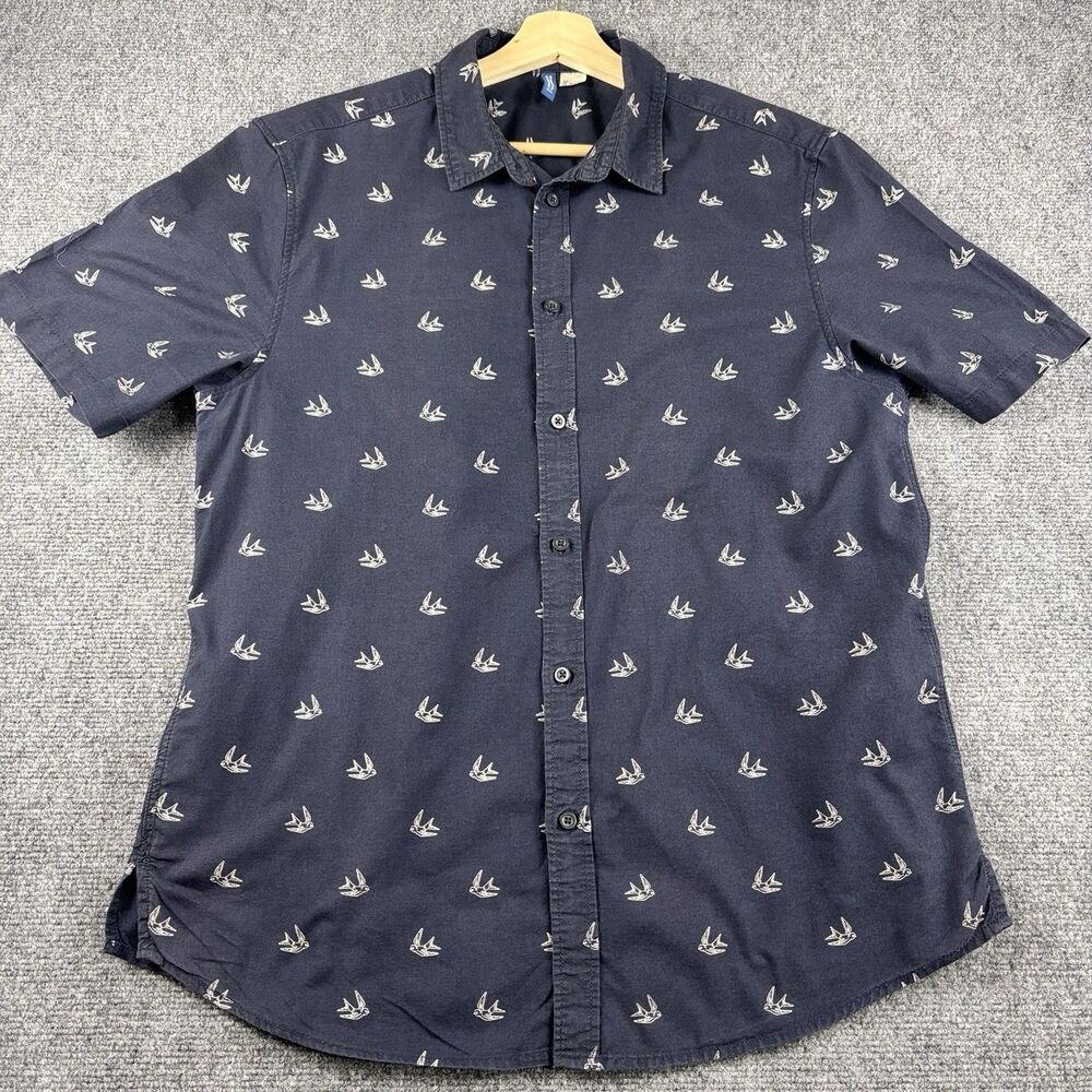 H&M Divided Mens L Shirt Navy Swallow Print Short Sleeve Cotton